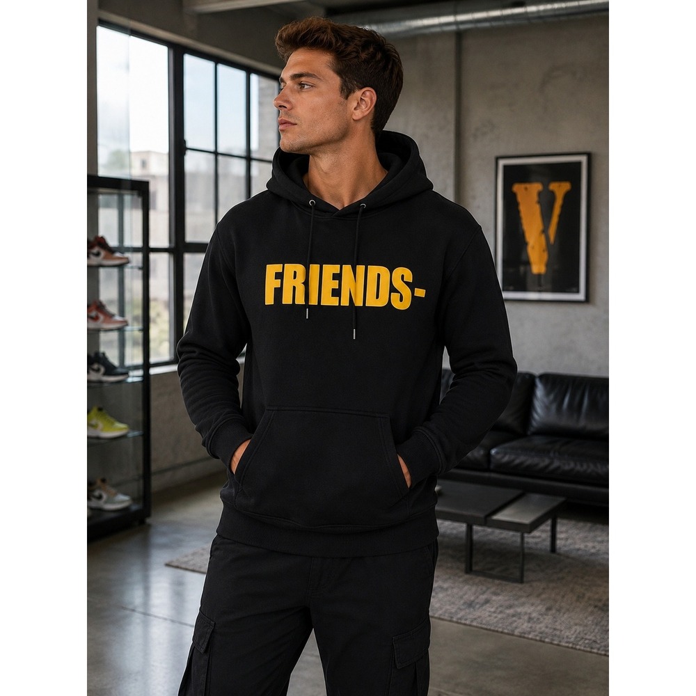 Vlone Friends- Hoodie Black Yellow Logo Streetwear Pullover Size M